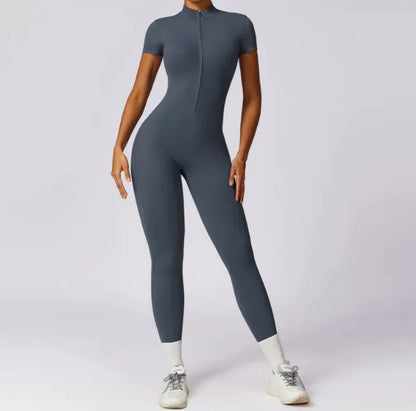 Zippered Short Sleeve Yoga Jumpsuit