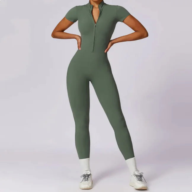 Zippered Short Sleeve Yoga Jumpsuit