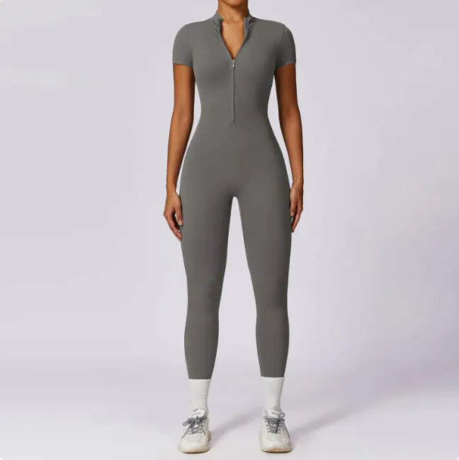 Zippered Short Sleeve Yoga Jumpsuit