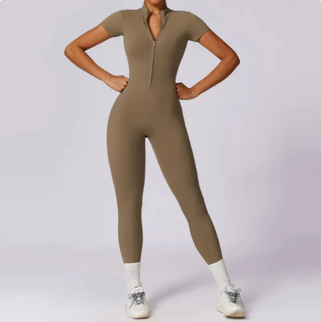 Zippered Short Sleeve Yoga Jumpsuit