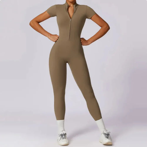 Zippered Short Sleeve Yoga Jumpsuit Discounted