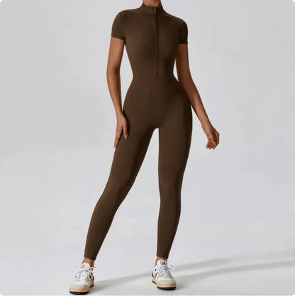 Zippered Short Sleeve Yoga Jumpsuit