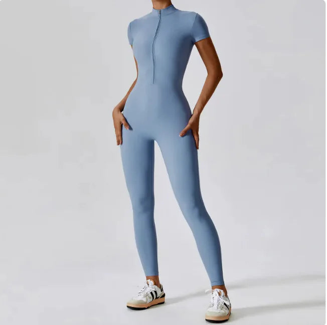 Zippered Short Sleeve Yoga Jumpsuit