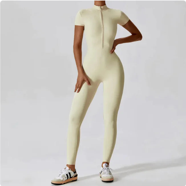 Zippered Short Sleeve Yoga Jumpsuit